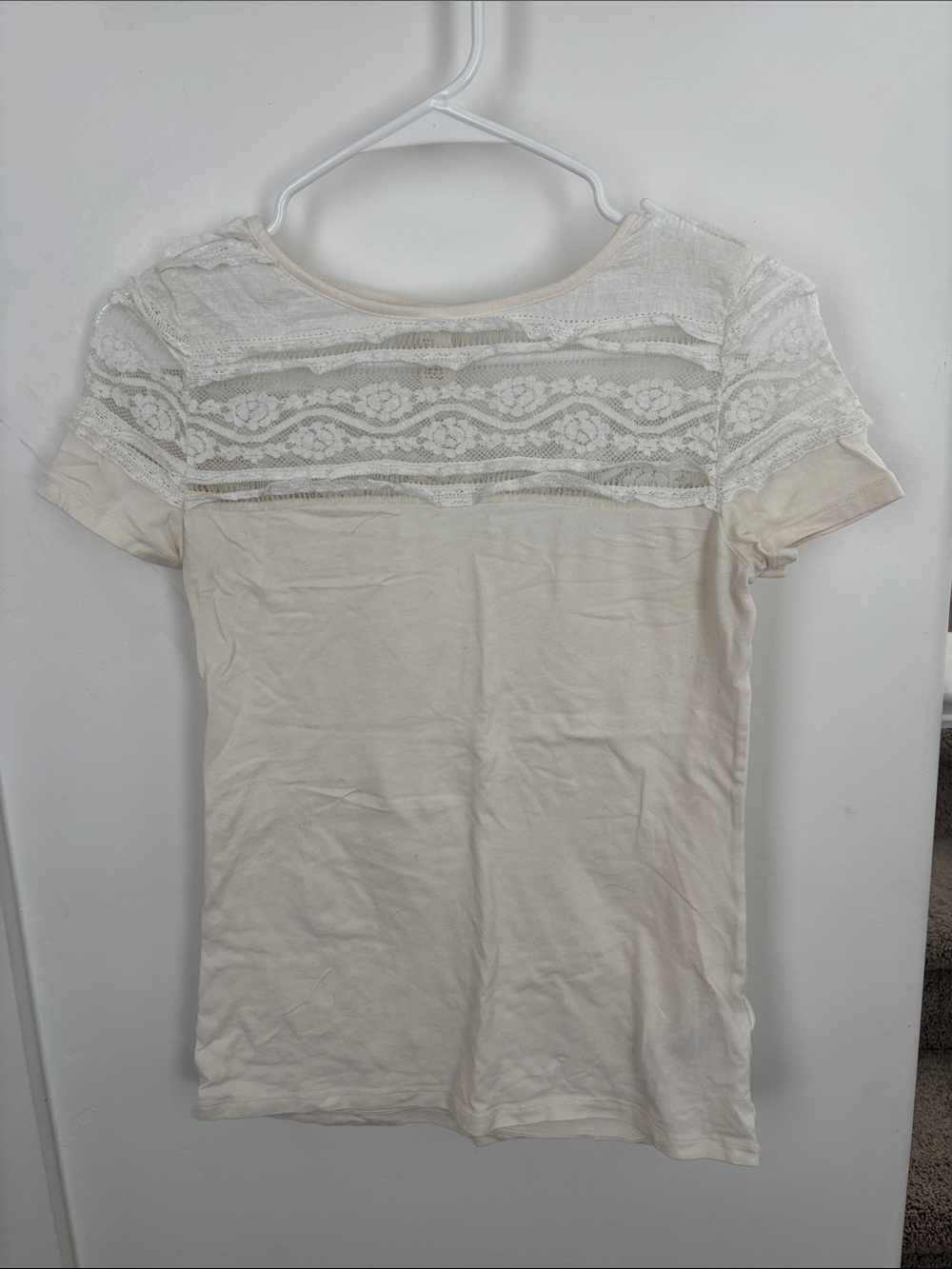 H&M Cream Short Sleeve Top with Lace Yoke